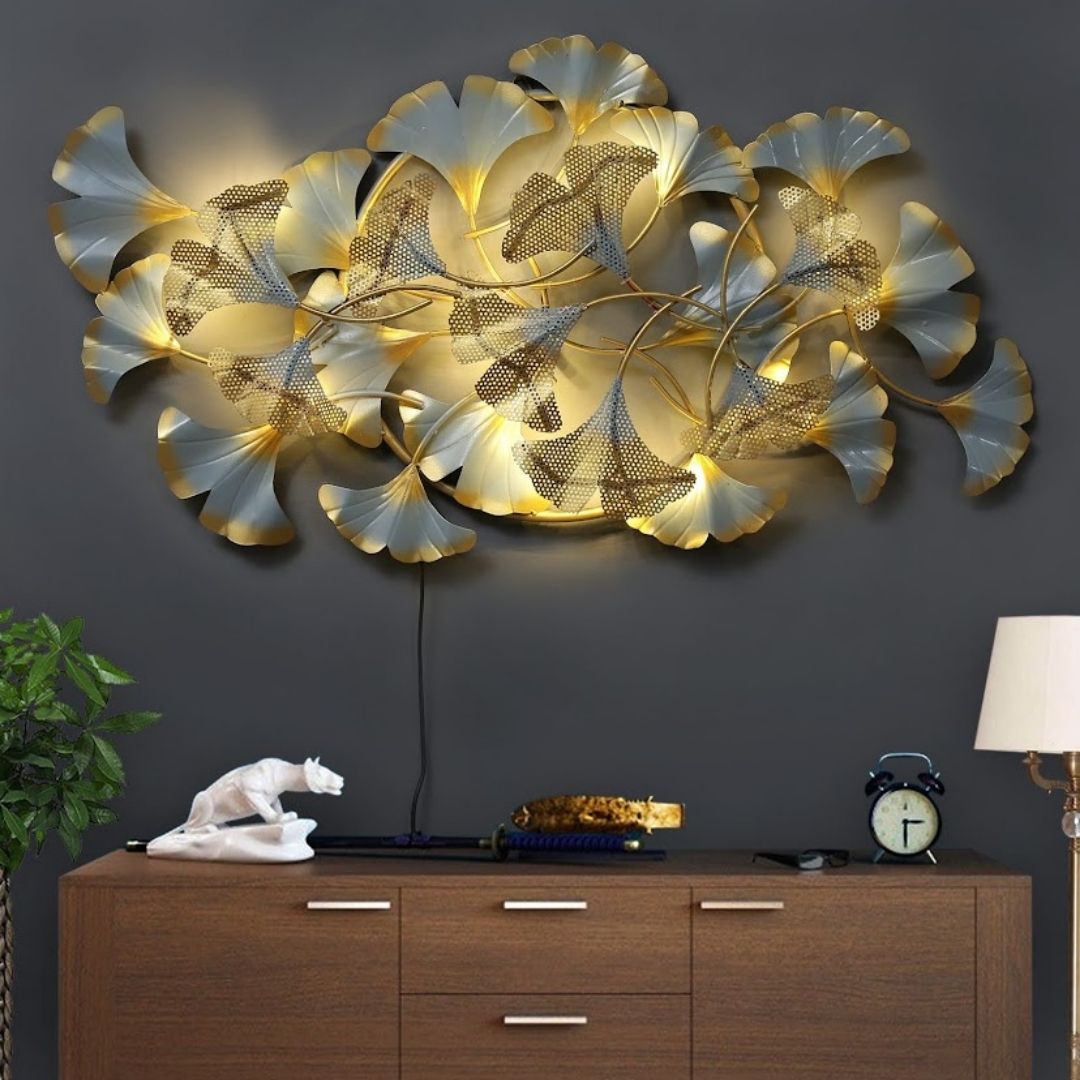 Ginkgo Leaf Wall Decor with Golden Finish and LED Lighting
