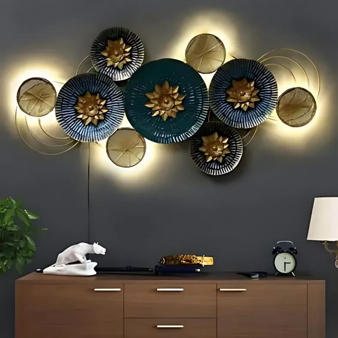 Golden Circular Wall Art with Floral Details and Warm Lighting