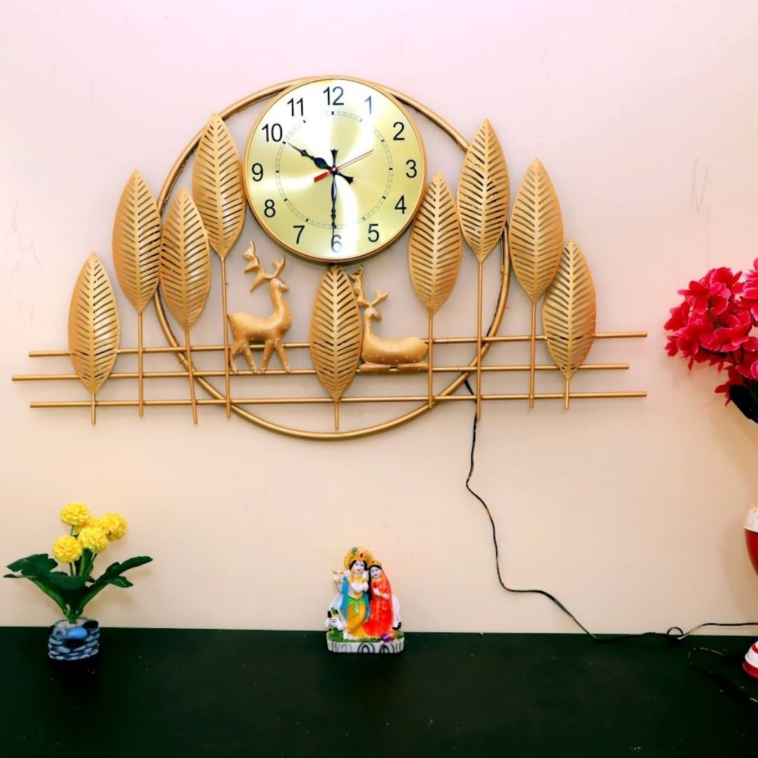 Golden Deer Wall Clock with Leaf Frame for Home, Office