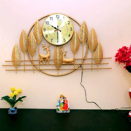 Golden Deer Wall Clock with Leaf Frame for Home, Office