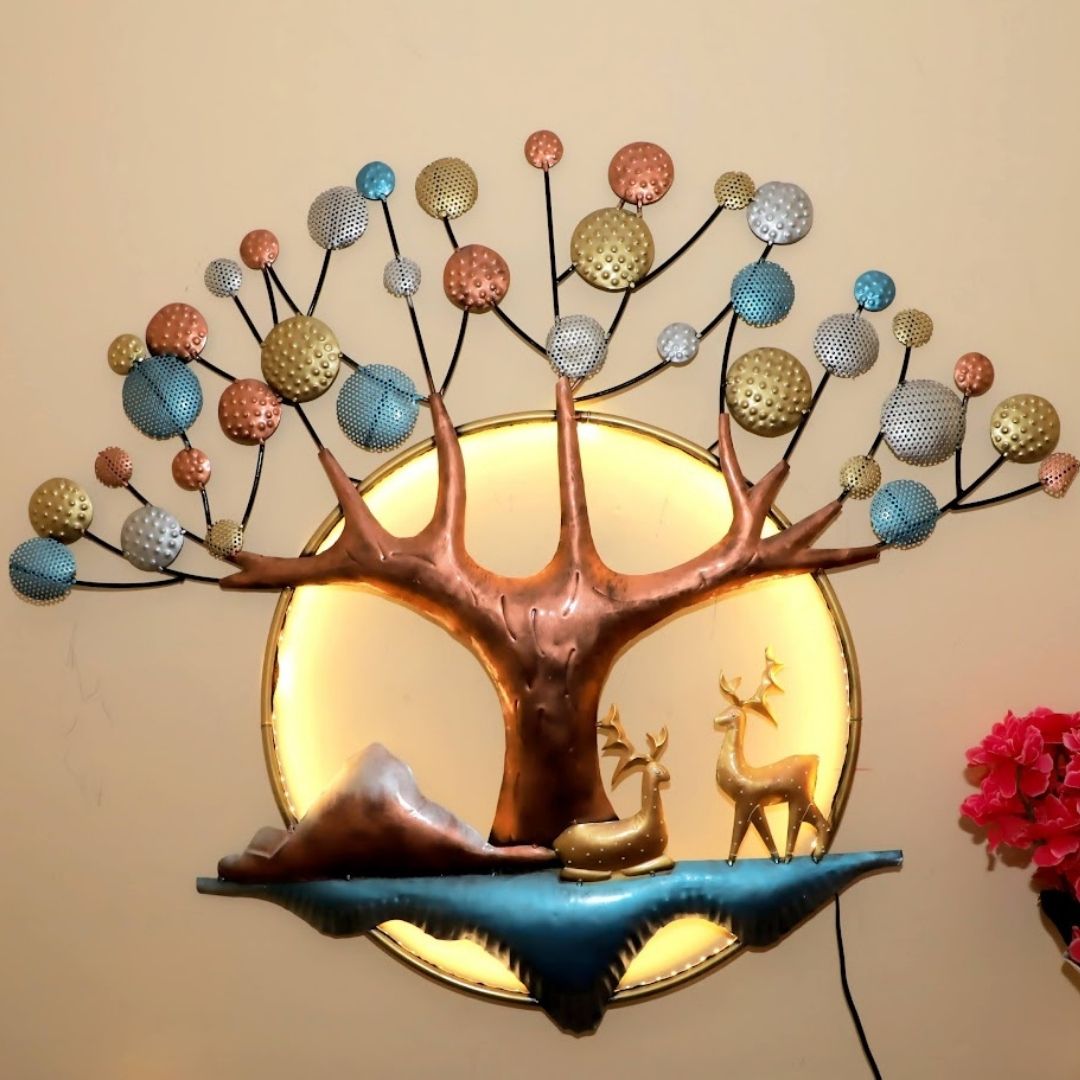 Golden Tree Wall Art with Colorful Leaves and Deer on Blue Base