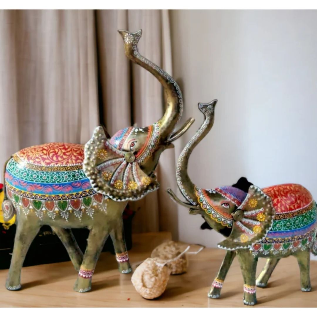 Iron Painted Elephant Large Set of 2 for Living Room, Bedroom