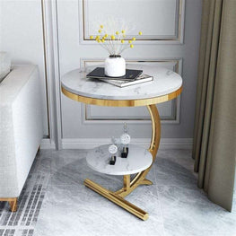 Luxury Marble Sofa Side Table | Gold & White, Double Layer