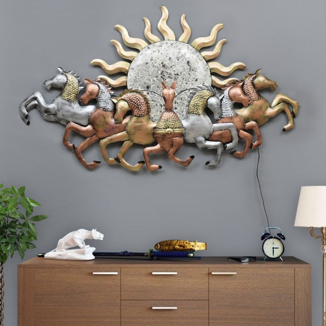 Metal Wall Art with Horses and Sun Design for Wall