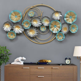 Metallic Flower Wall Art in Gold, Silver, and Turquoise Circles