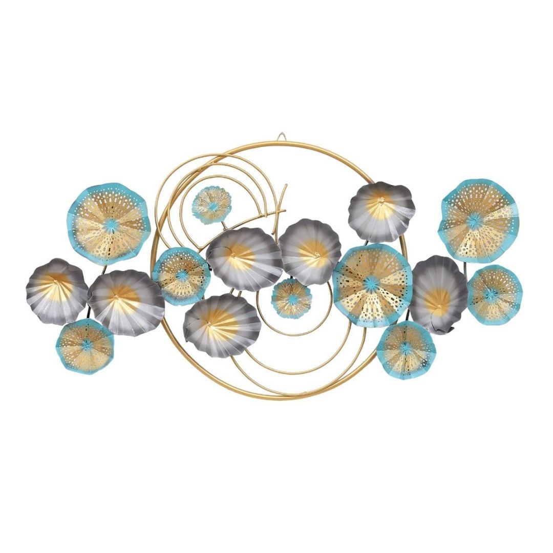 Metallic Flower Wall Art in Gold, Silver, and Turquoise Circles
