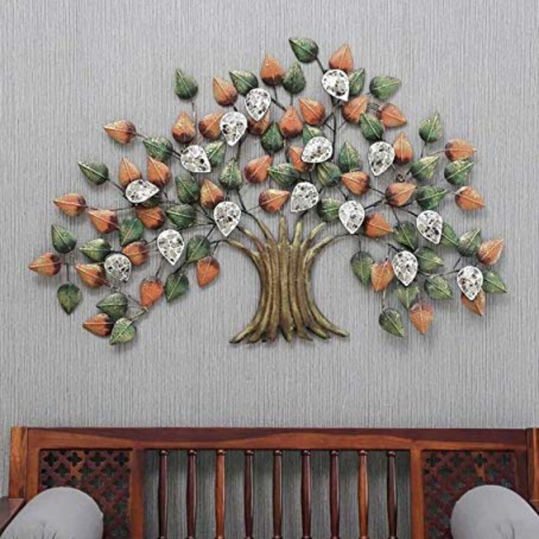 Metallic Tree Wall Art with Colorful Leaves & Crystal Decor