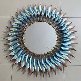 Round Wall Mirror with Blue, Gold, and metal Leaf Frame