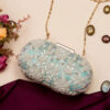 Mint Green Embroidered Oval Clutch Bag for Women | Handmade Ethnic Party Purse | Indian Bridal & Festive Clutch