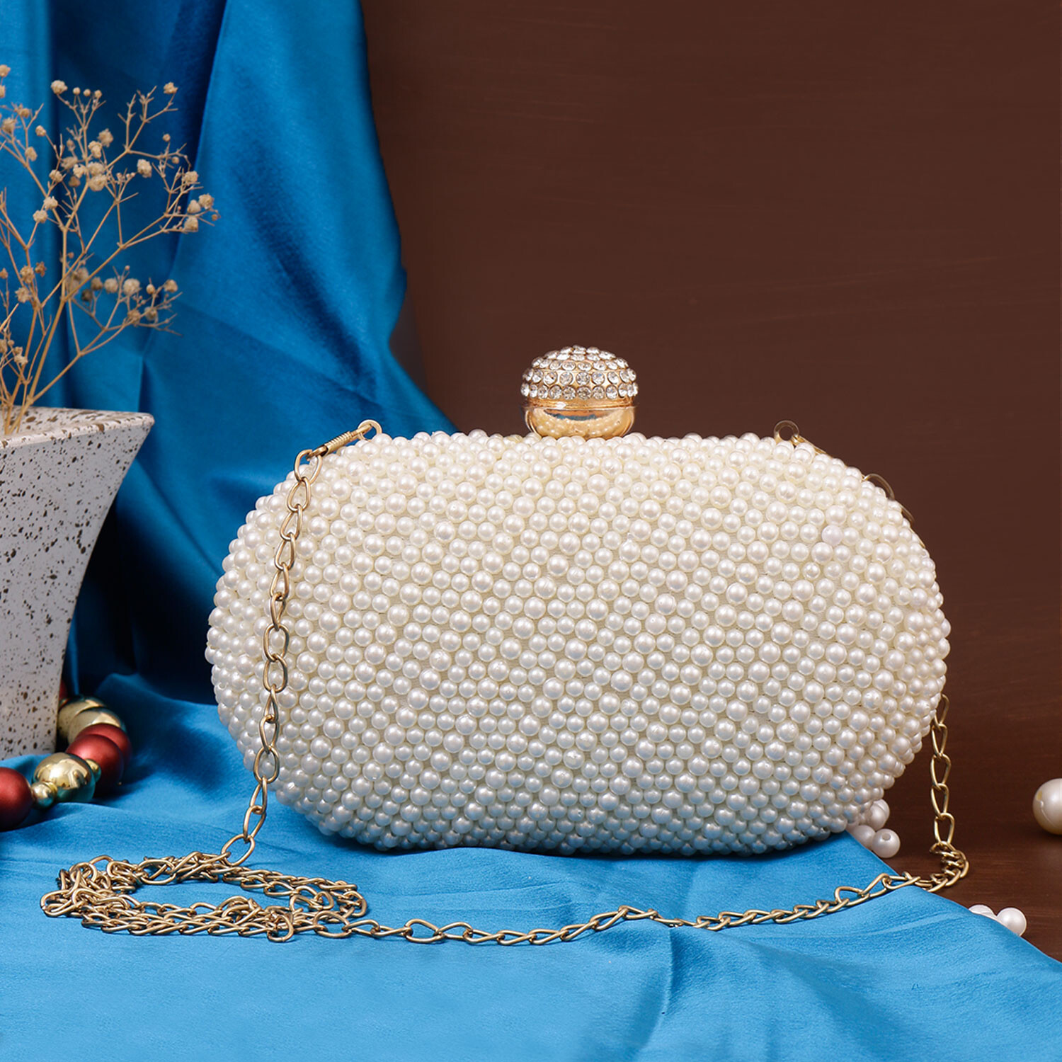 White' Pearl Work Clutch Bag for Women | Handmade Ethnic Party Purse | Indian Bridal & Festive Clutch