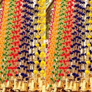 Pom Pom Decoration Strings with Bells | Handmade Colorful Hanging Garland | Indian Festive Decor | Wedding & Home Decoration
