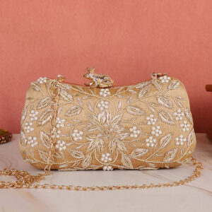 Golden Embroidered Clutch Bag for Women | Handmade Ethnic Party Purse | Indian Bridal & Festive Clutch