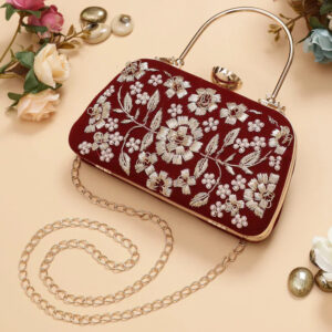Embroidered Clutch | Handmade Velvet Maroon Clutch | Minimalist Embroidered Purse