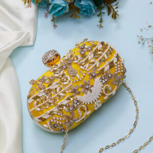 Embroidered Clutch | Handmade Yellow Oval Clutch | Elegant Evening Bag | Minimalist Embroidered Purse