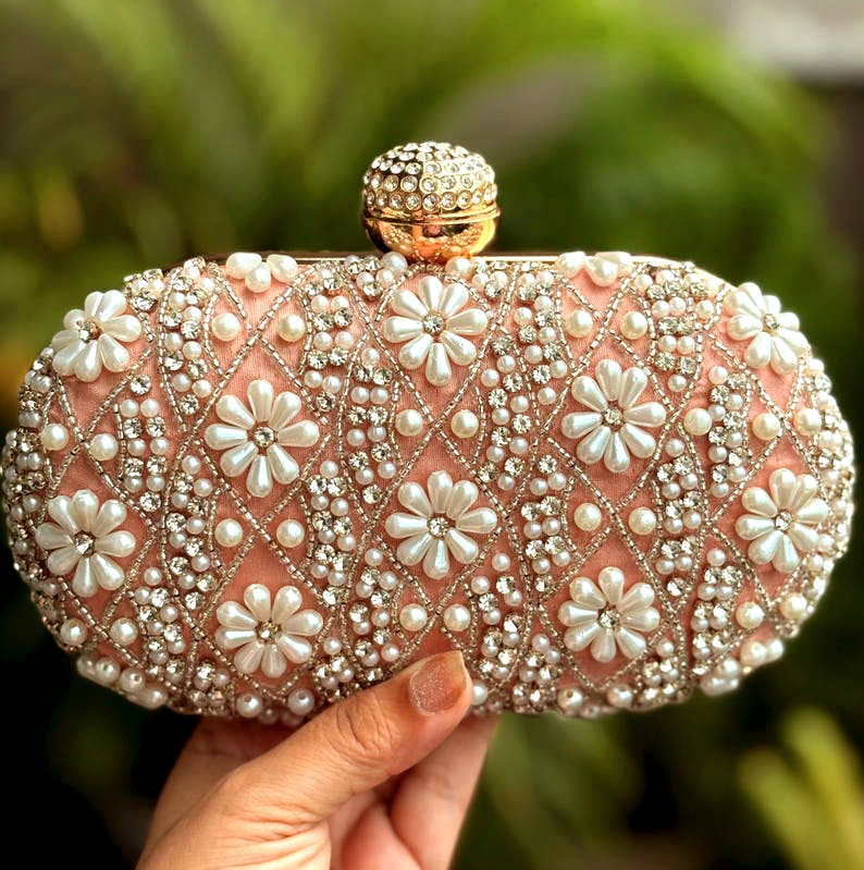 Peach Embroidered Clutch Bag for Women | Handmade Ethnic Party Purse | Indian Bridal & Festive Clutch