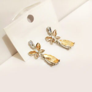 Champagne Crystal Teardrop Dangle Earrings with Floral Silver-Tone Accents