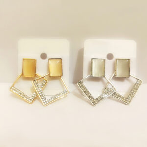Modern Muse Geometric Earrings: Cat's Eye and Crystal Rhombus Drops