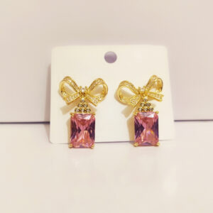 Sparkling Rhinestone Bow Earrings with Pink Emerald-Cut Gemstone