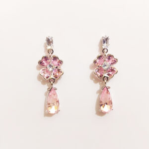 Chic Pink Flower & Teardrop Crystal Dangle Earrings