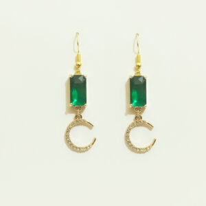 Emerald Green Crystal & Crescent Moon Drop Earrings – Gold Tone
