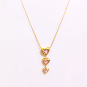 Triple Heart Drop Pendant Necklace with Pink Crystals (Gold-Tone)
